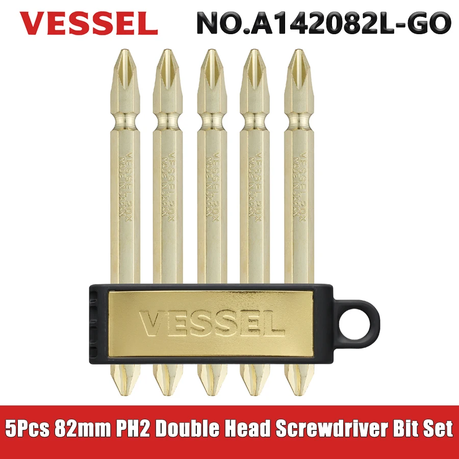 

VESSEL 5Pcs 82mm PH2 Double Head Gold Screwdriver Bit Set for Phillips Screws Magnetic Drill Bit Hand Tools NO.A142082L-GO