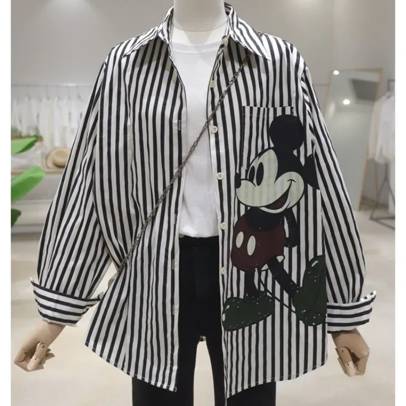 Age Reduction Versatile Cartoon Cute Blouse 2024 Early Autumn Loose Thin Medium And Long Cotton Striped Long-sleeved Shirt Women