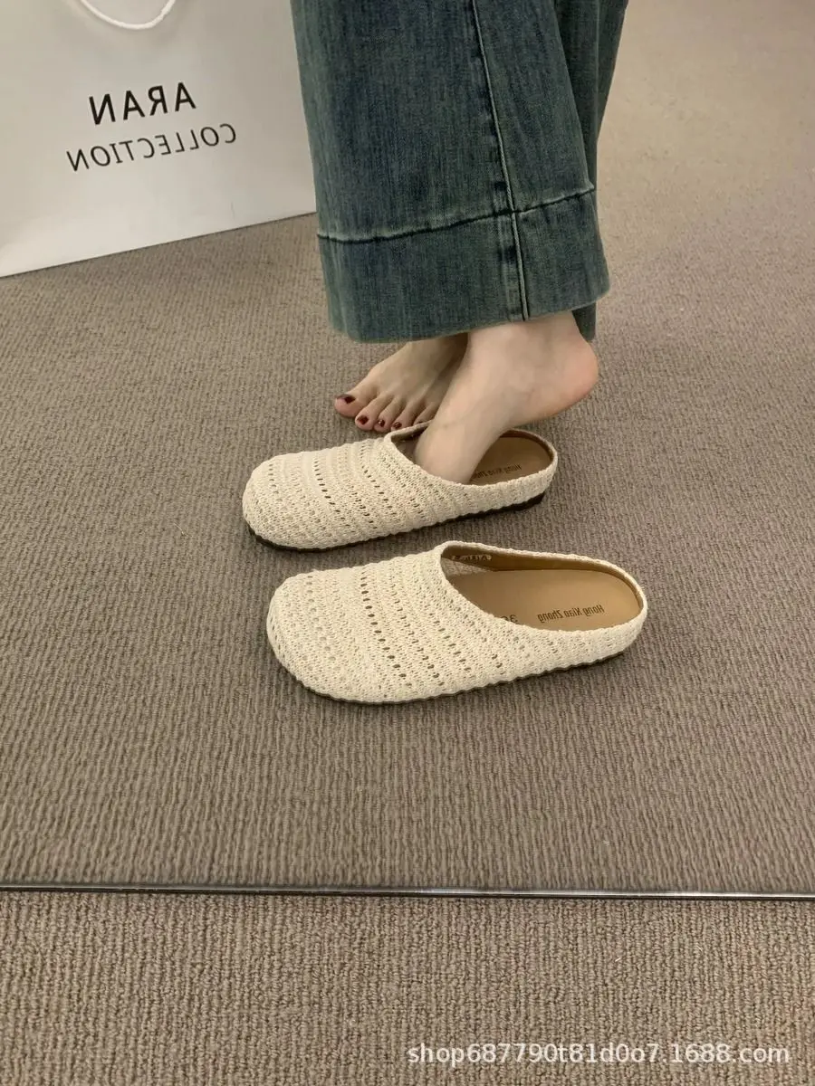 Handgewebte, dicke, offene Zehenschuhe im koreanischen Stil, flache, rutschfeste Pantoffeln für Damen, flache Sandalen – Detail 4