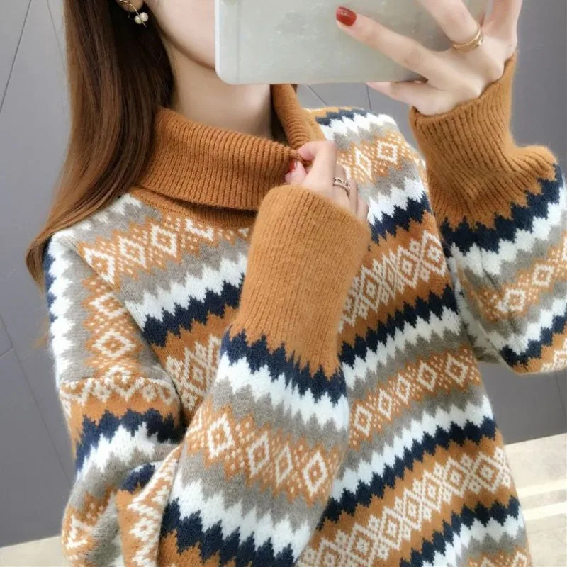 Vintage Turtleneck Warm Sweater Women Autumn Winter Fashion Striped Long Sleeve Knitwear Office Lady All-match Knitting Tops