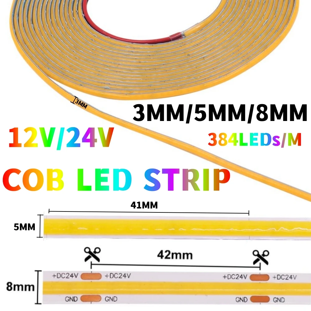 3MM 5MM 8MM PCB LED COB Light Strip 12V 24V 384LEDs/M Tape Linear Lighting RA90 High Density Lamp Ribbon Cold Natural Warm White