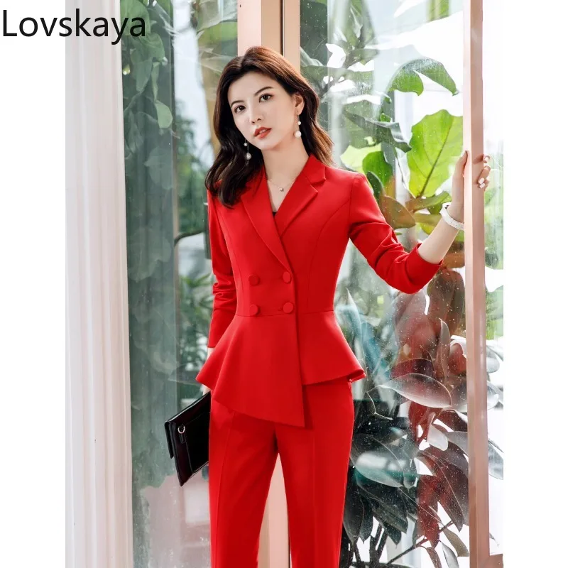 Women\'s Elegant Office Work Suit, Double Row Buttons Blazer, Monochromatic, Slim, Red, New