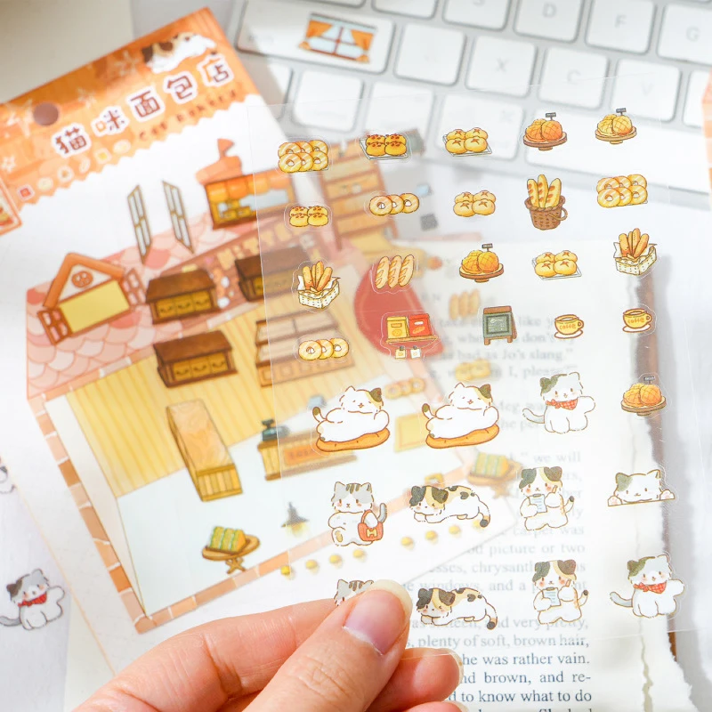 1Set Three-Dimensional Landscaping Handbook Stickers Cute Cartoon Kitten Bread House Stickers Scene Cabin Stacking Stickers
