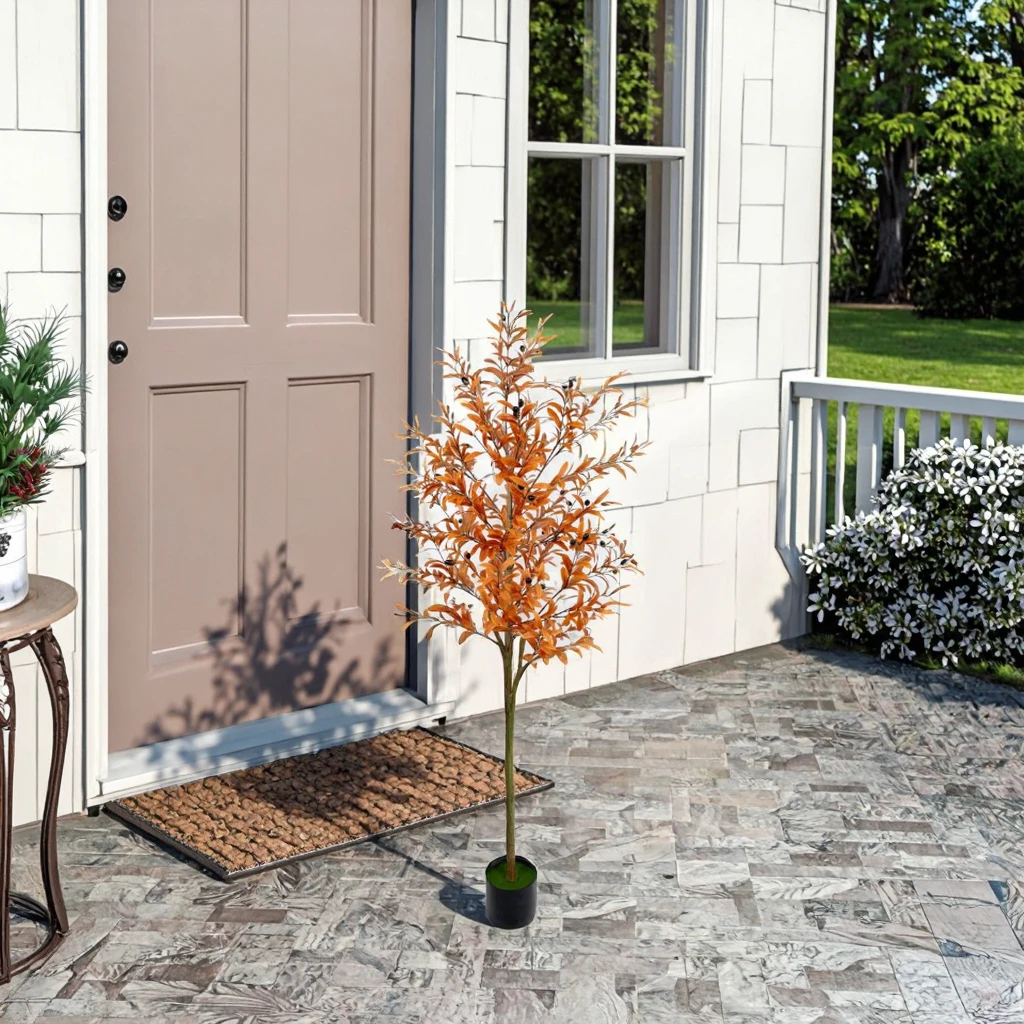 #￥Large Indoor Plastic ArtificialRed Maple Tree Green Potted Plant Durable Lifelike Leaves Window Display Easter Occasion Export