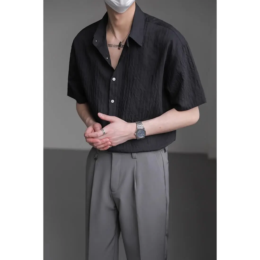 Light Luxury High-end Short-sleeved Shirt Men's Summer Half-sleeved Top Korean Trendy Loose Solid Color Striped Shirt