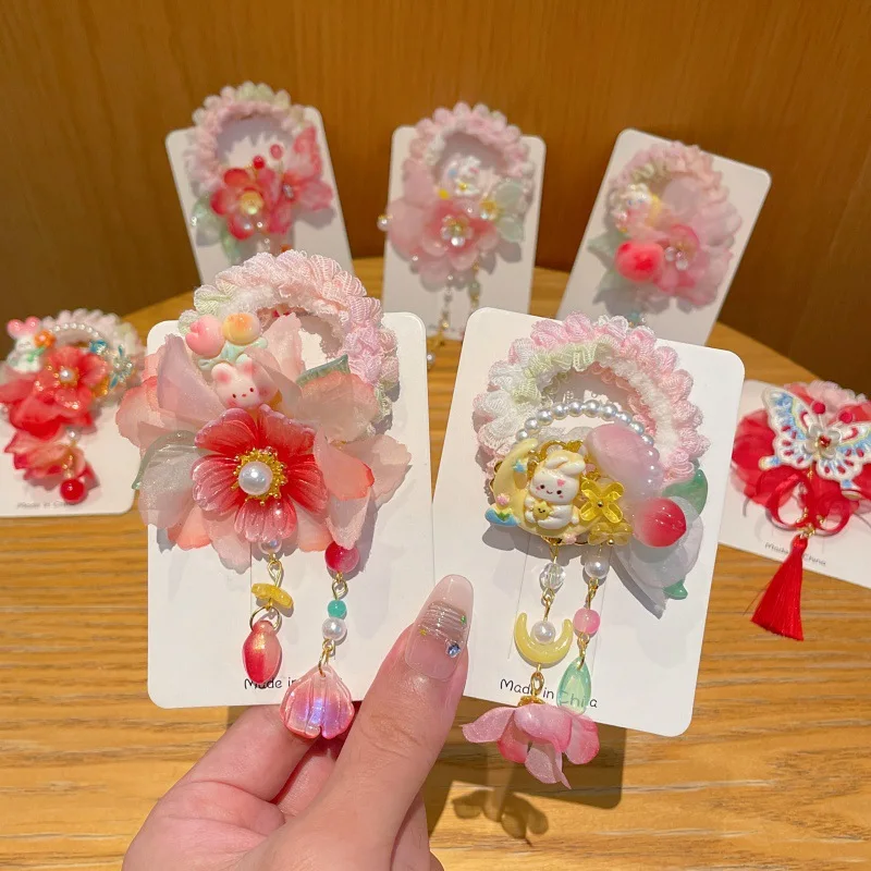 Chinese Style Floral Hair Scrunchie Rabbit Pendant Tassel Hair Ring Hanfu Dress Accessory Kids Hair Tie Girl Hair Ornament ZY07