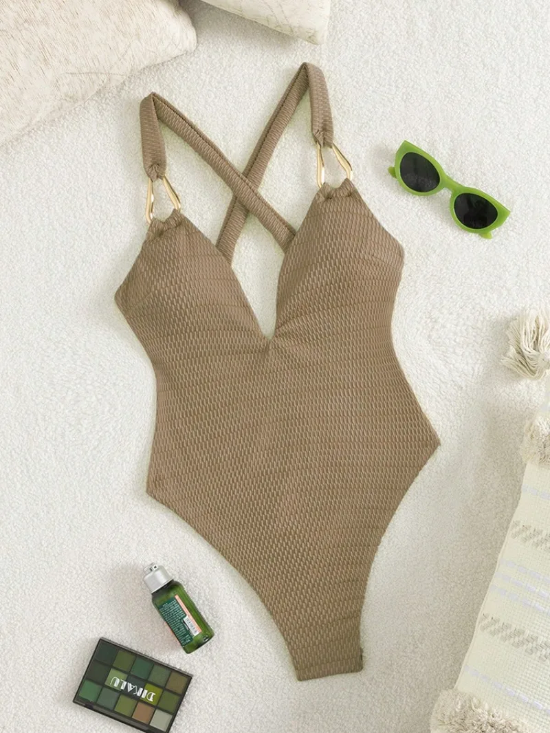 Sexy plain metal ring back cross swimsuits deep v-neck One Piece Swimwear Bodysuits Women Biquini Bathing Suits tankini trikini
