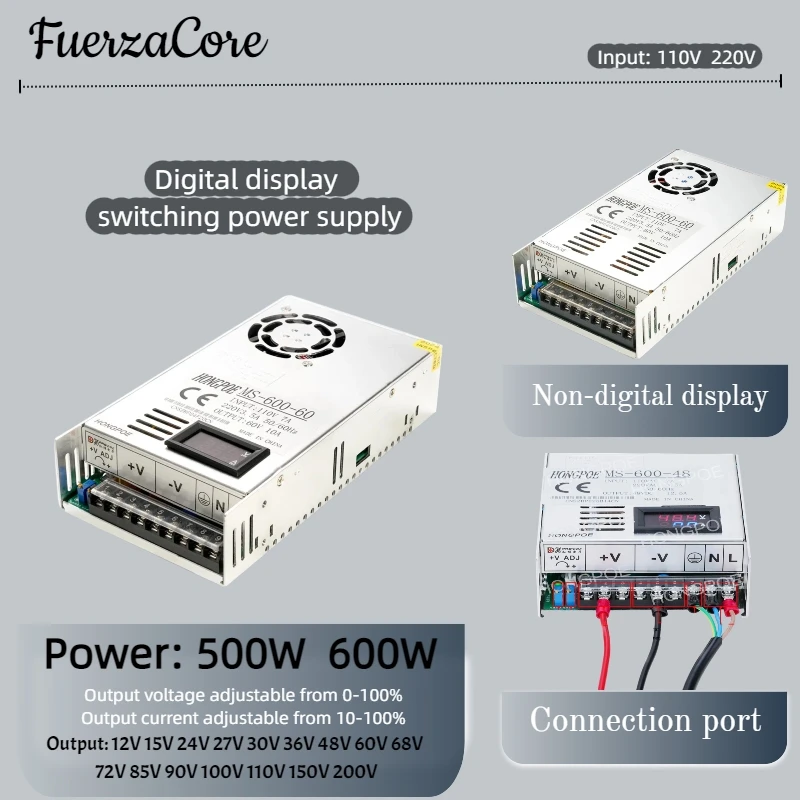 

500W 600W Digital Display 0-12V 15V 24V 27V 30V 36V 48V/60V/68V 72V 85V 90V 100V 110V 150V 200V Switching Power Supply LED motor