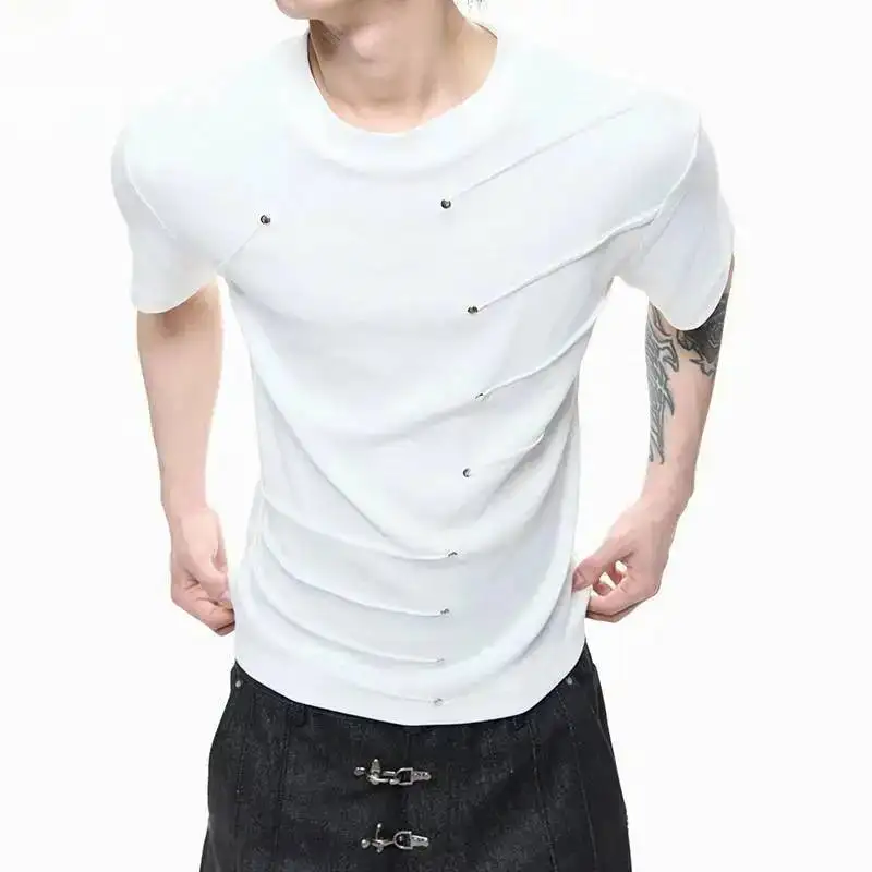 LUZHEN Decorate Pleated Short 2026 Summer Metal Original Design Rivet Sleeve T-shirts Men's Slim Fit Round Neck Male Tops JY7749