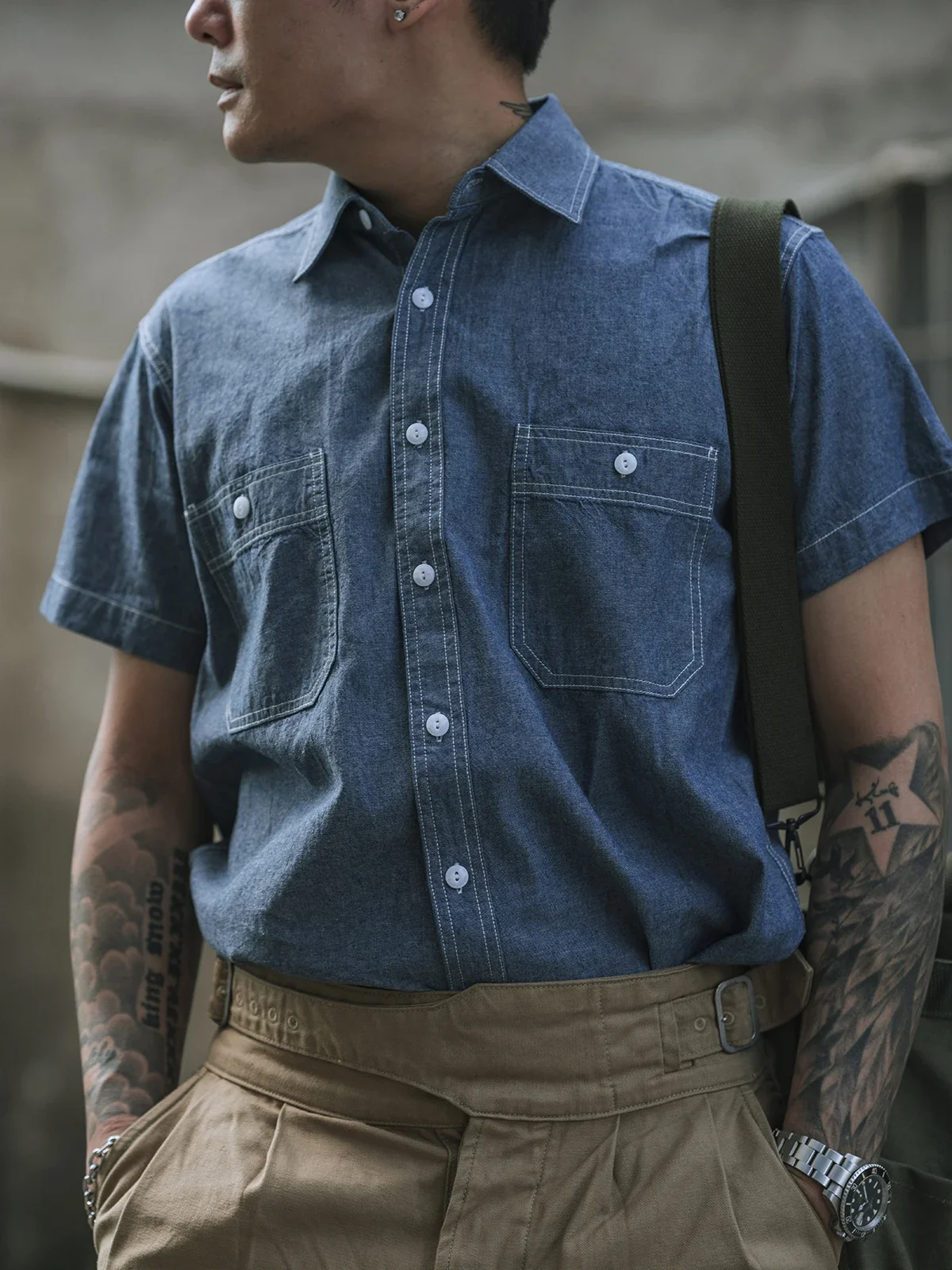 

NON STOCK Summer Chambray Short Sleeve Shirt Light Blue Men's Casual Work Shirt