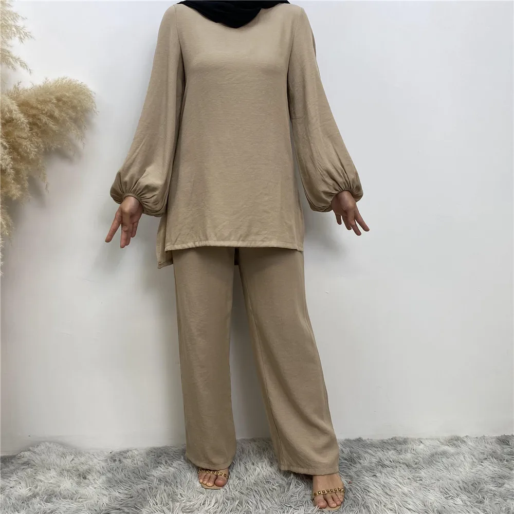 

Muslim Set Women Blouse Wide Leg Pants 2 Piece Suit Morocco Ramadan Outfits Dubai Eid Top Lantern Sleeve Trousers Ensemble