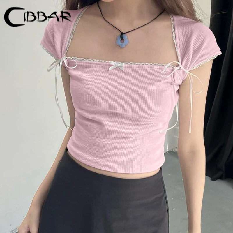 CIBBAR Cute Coquette Pink Knit Cropped Top Chic Bandage manica corta colletto quadrato Tee Shirt donna Summer T Shirt y2k Ladies Top