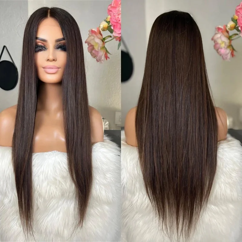 

Парик высокого качества Темный Мадуро Коричневый Мелирование Синтетический Парик Фронта Шнурка 28-дюймовый Супер Длинный Прямой Парик Предварительно Сорванные Волосы Вечеринка