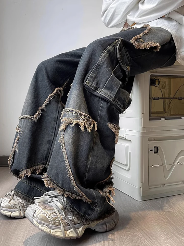 

Мужские джинсы оверсайз West Coast в американском уличном стиле, с рваными краями, свободного прямого кроя, широкие, рабочие брюки, трендовые