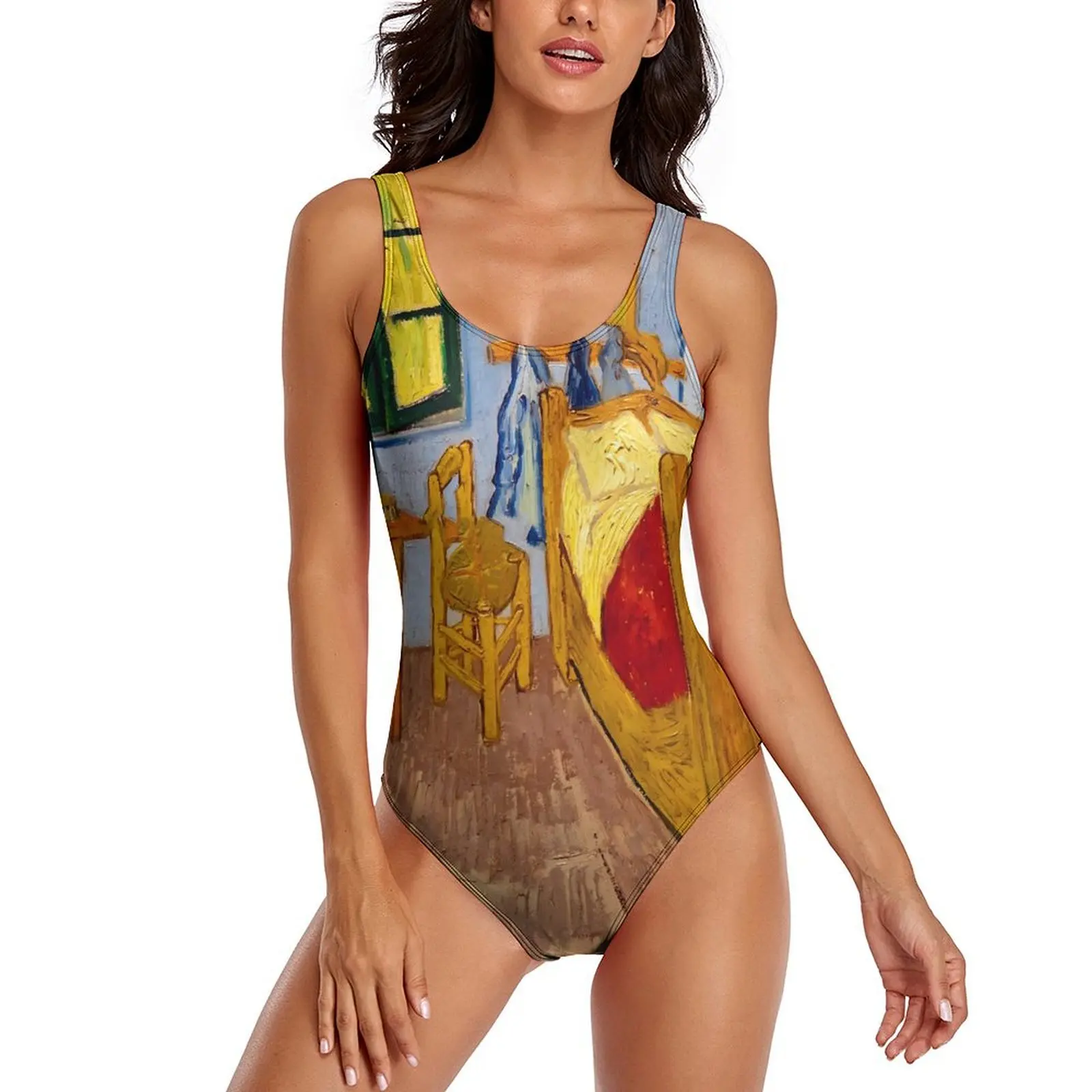 Sexy lady van gogh maiô, impressão, uma peça, para o quarto, push up, elegante, para férias, monokini