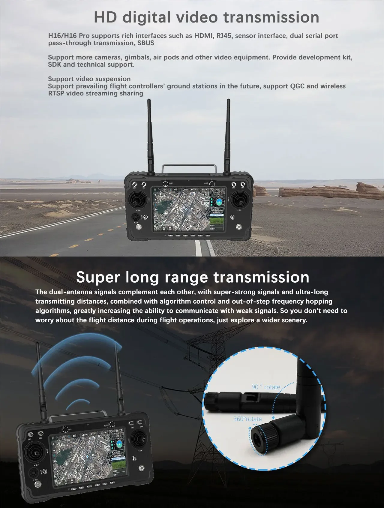 2025 Skydroid H16/H16pro جهاز تحكم عن بعد 7 بوصة IPS شاشة عالية السطوع عرض واضح معلومات العرض في الوقت الحقيقي في ضوء الشمس