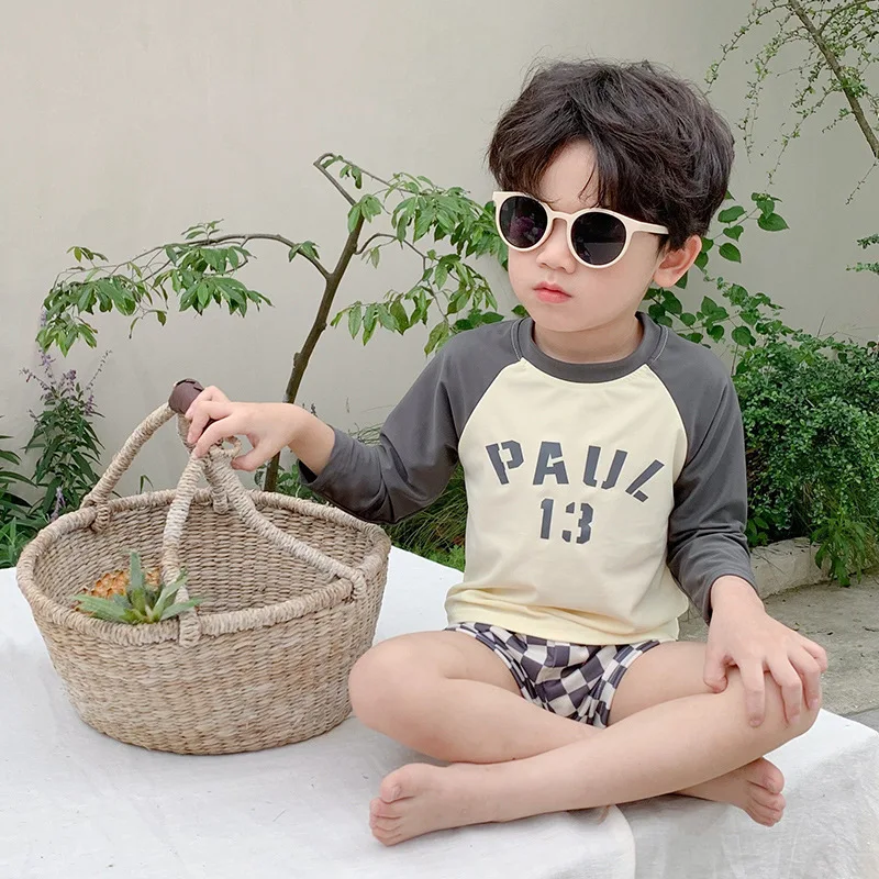 Kids Summer Swimwear Sets Baby Boys Long Sleeve Quick-Dry Letter Print Top + Plaid Swimming Trunks Surfing Suit Bathing Suit