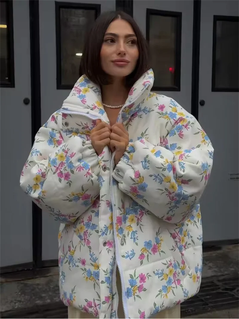 

Autumn Winter Women's Down cotton Puffer Jacket Oversized Stand Up Collar Zipper Closure Floral Print Warm Cotton Filled Coat