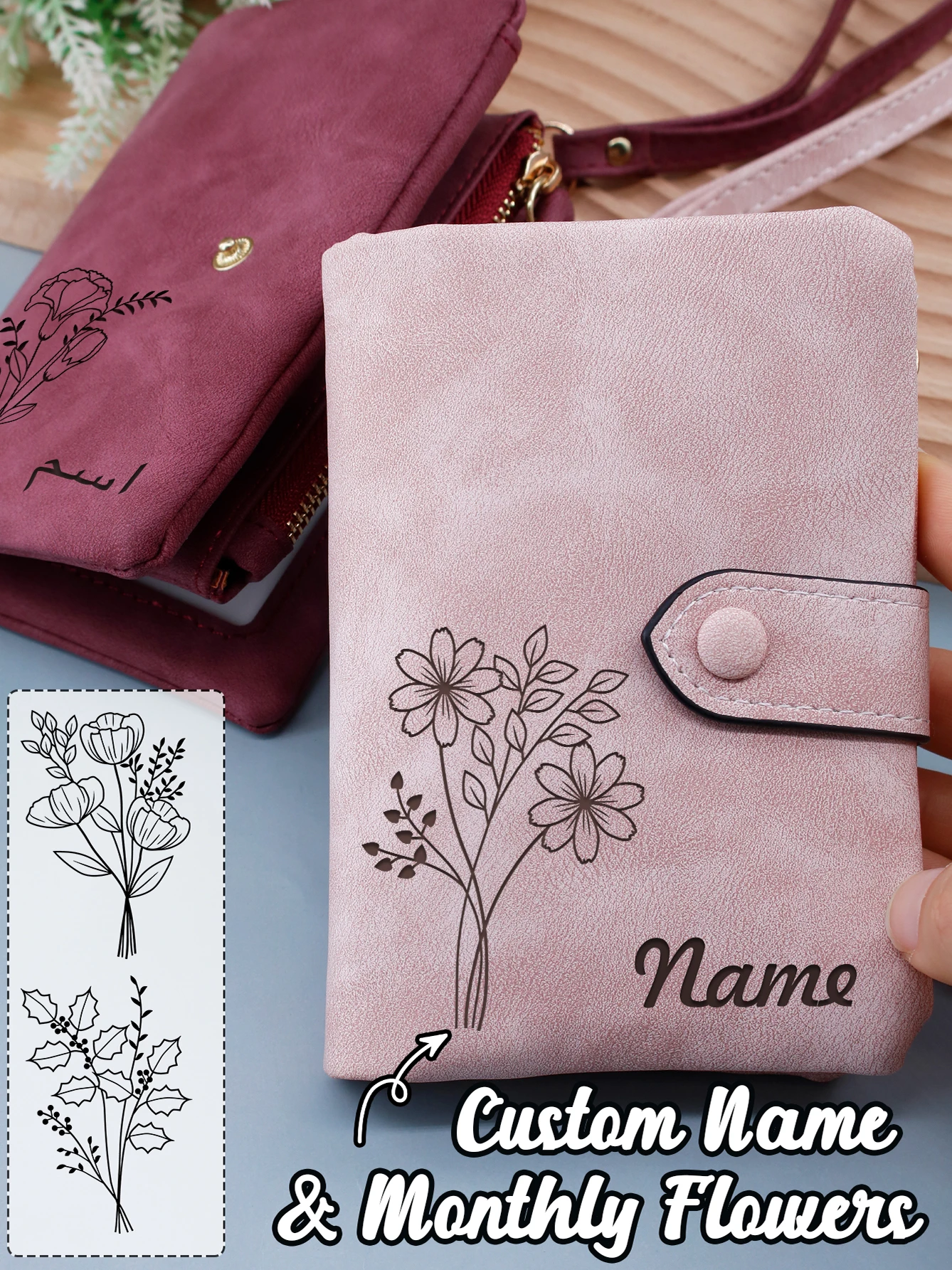 Custom Name Wallet-With Birth Flower, Personalized Wallet Women, Customized Wallet For Men, Customizable Mini Wallet For Woman,