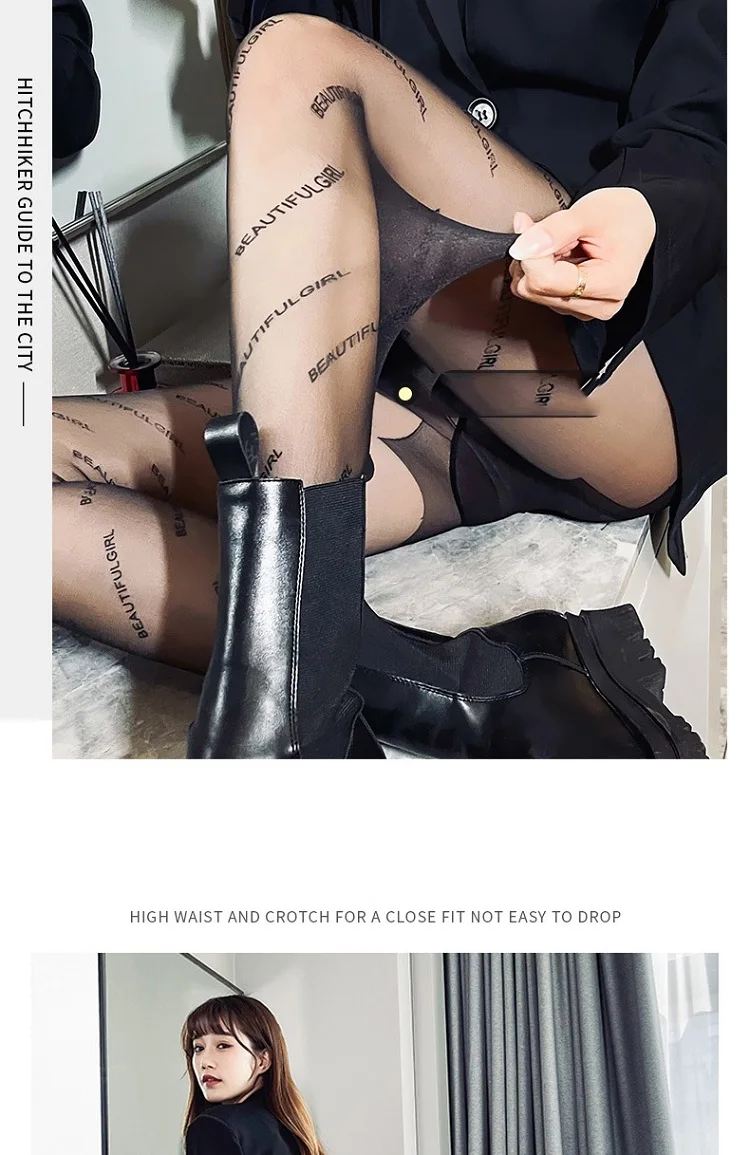 Sexy Damen-Strumpfhose Transparente Strümpfe mit Buchstabendruck Modische Damenstrümpfe mit Aufdruck CTW032 – Detail 10