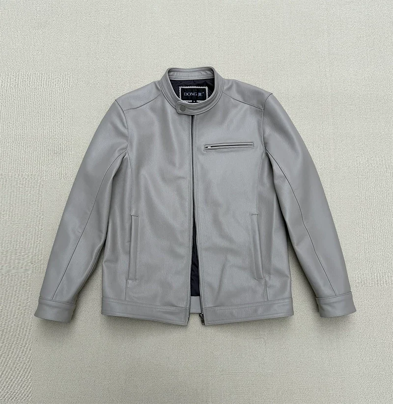 Light gray first layer calfskin leather jacket men's stand collar pure leather motorcycle leather jacket business large size jac