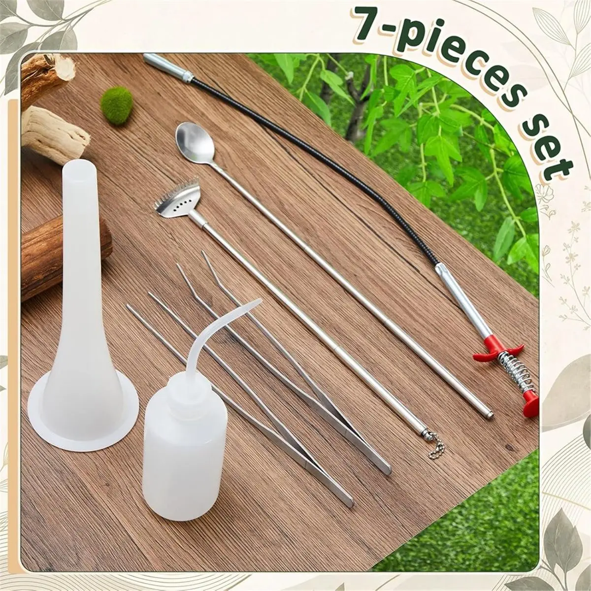 7 Pcs Terrarium Tools Set Includes Long Aquarium Tweezers, Telescoping Rake, Terrarium Funnel for Aquascape