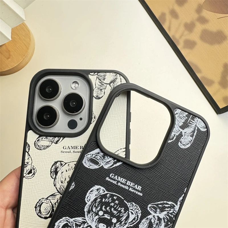 Schattige Dieren cartoon beer Dier PU lederen Case voor iPhone 16 15 14 Telefoon Cover 14 13 12 11 Pro MAX Hard Schokbestendig Terug Funda