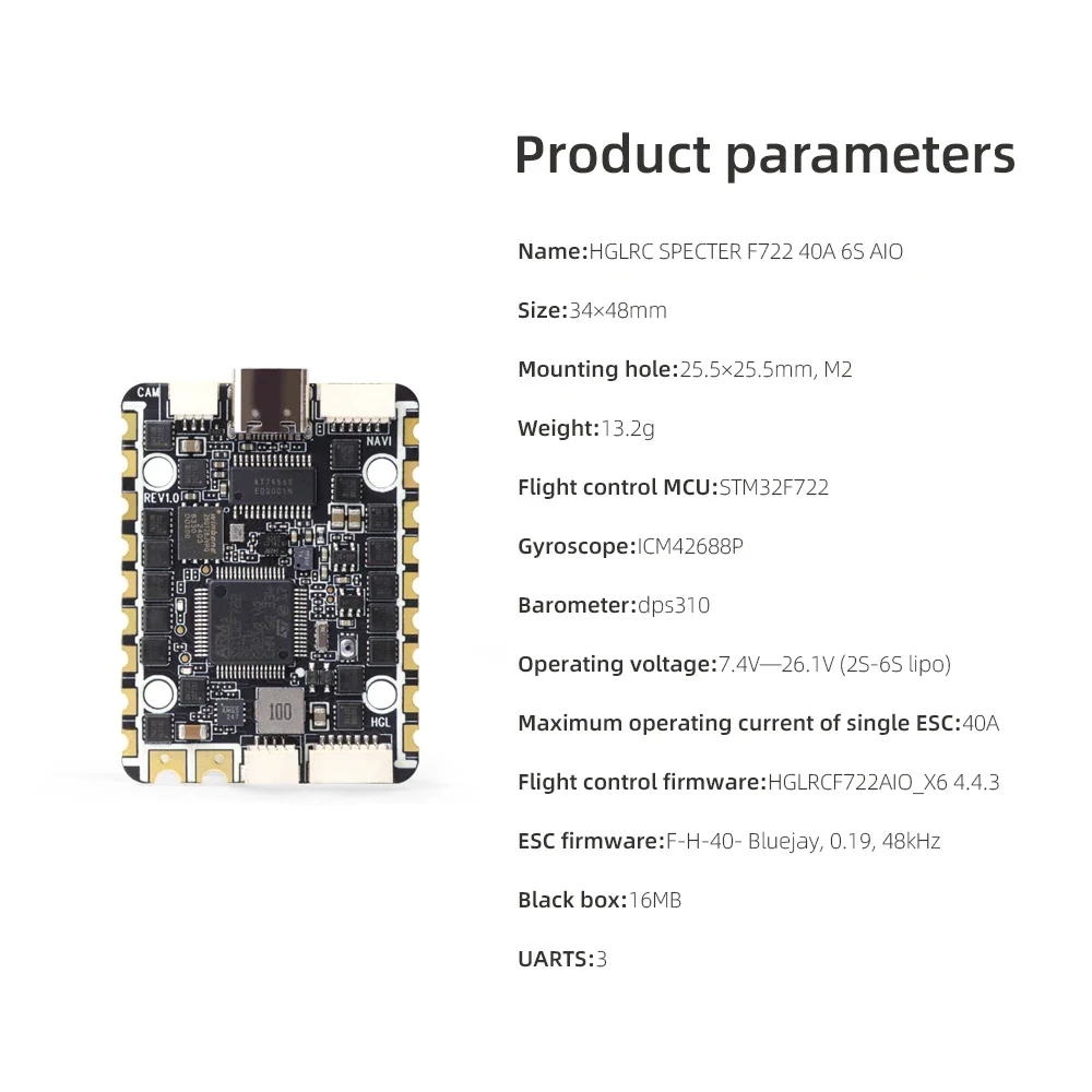 HGLRC SPECTER F722 40A 6 Channel AIO Flight Controller 2-6S for Rekon Y6 Six-axis and Other Mixed Control Types FPV Drone