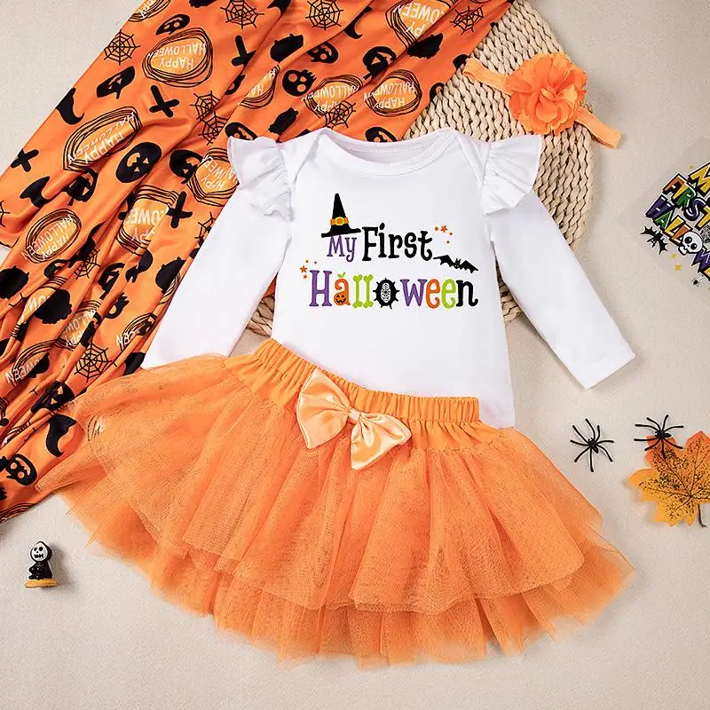 Halloween Baby Girl Party Dress Up New Cartoon Cute Pumpkin Long Sleeve Climbing Dress Orange Skirt Set for 0-2 Years