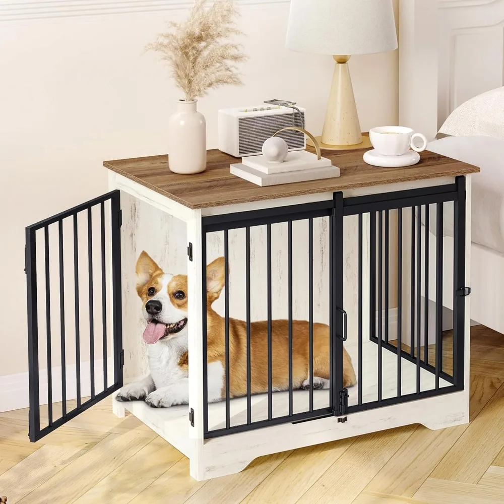 

31.9 Inch Wooden Dog Crate with Barn Door Indoor Kennel End Table for Pets Up to 44 Pounds Anti Chew Escape White Brown
