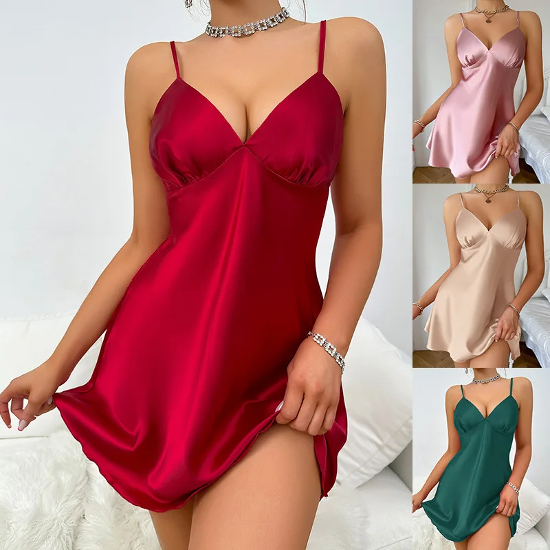 Summer New Female Nightgown Sleepwear Sexy Mini Suspender Nightdress Chemise Sleepwear Loose Silk Satin Home Wear Loungewear