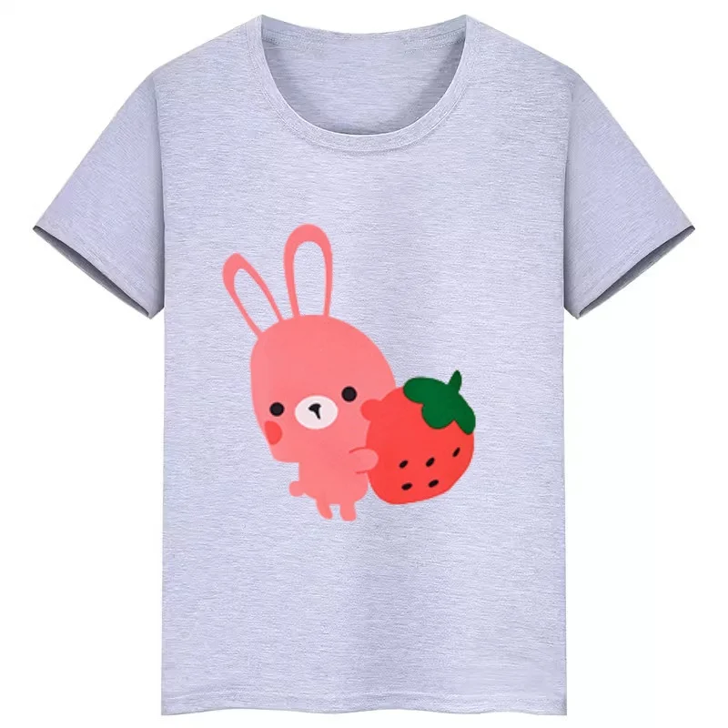 2024 Summer New Children's Short-sleeved T-shirt Casual Fashion Versatile Polyester Fiber Rabbit Strawberry Print Short T-shirt