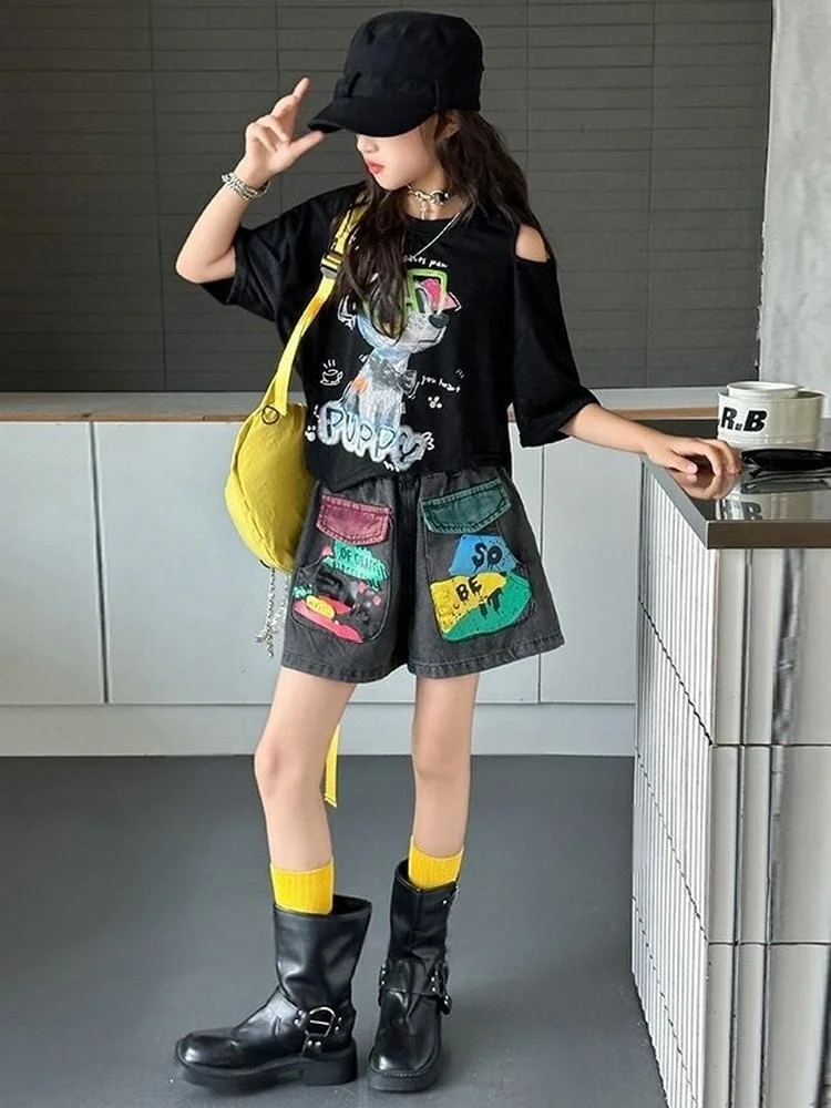 

Girls Summer ort Sve T-irt Set Thin Denim orts Two Piece Suit Children's Faion Clothing Cotton round Ne Pullover