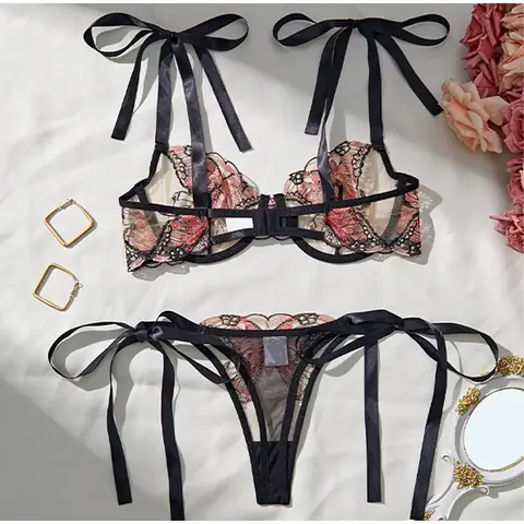 レディースセクシーランジェリー2点セット 女性用エレガントな蝶結びシースルーセクシーバタフライブラ＆パンティー キュートガールインティメイト下着セット