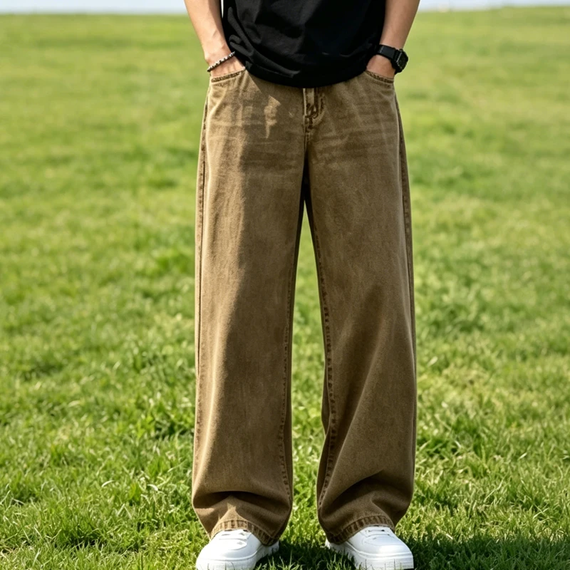 Vintage Men's High Waist Washed Jeans Loose Wide Leg Denim Pants Streetwear Loose Straight Trousers Casual For Men Daily Wear