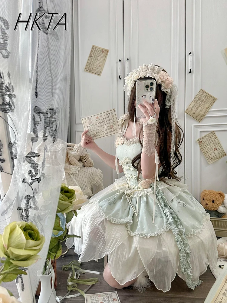 Grün Bambus Blatt Druck Neue Chinesische Ballett Elegante Fee Lolita Kleid Frauen Sommer Süße Prinzessin Geburtstag Kuchen Kleid Mädchen