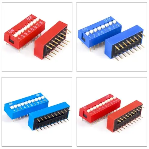 DIP Switch Assorted Kit 2.54MM Pitch 1/2/3/4/5/6/7/8/9/10Pin Dual Row Red & Blue On Off DIP Switches for PCB Mount