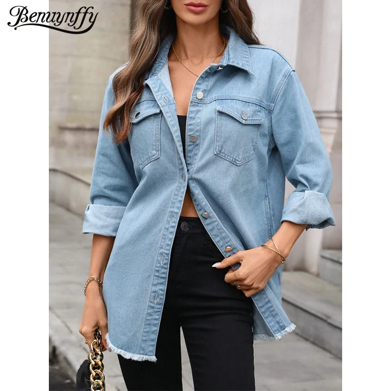 

Benuynffy Turn-Down Collar Pocket Raw Hem Denim Jacket Women's Spring 2026 New Single-breasted Long Sleeve Loose Lady Outerwears
