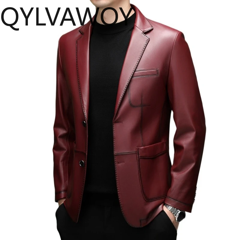

QYLVAWOY Real Sheepskin Red Leather Jacket 2026 Autumn Winter Jackets Man Slim-fit Jackets for Man Business Commute Chaqueta New
