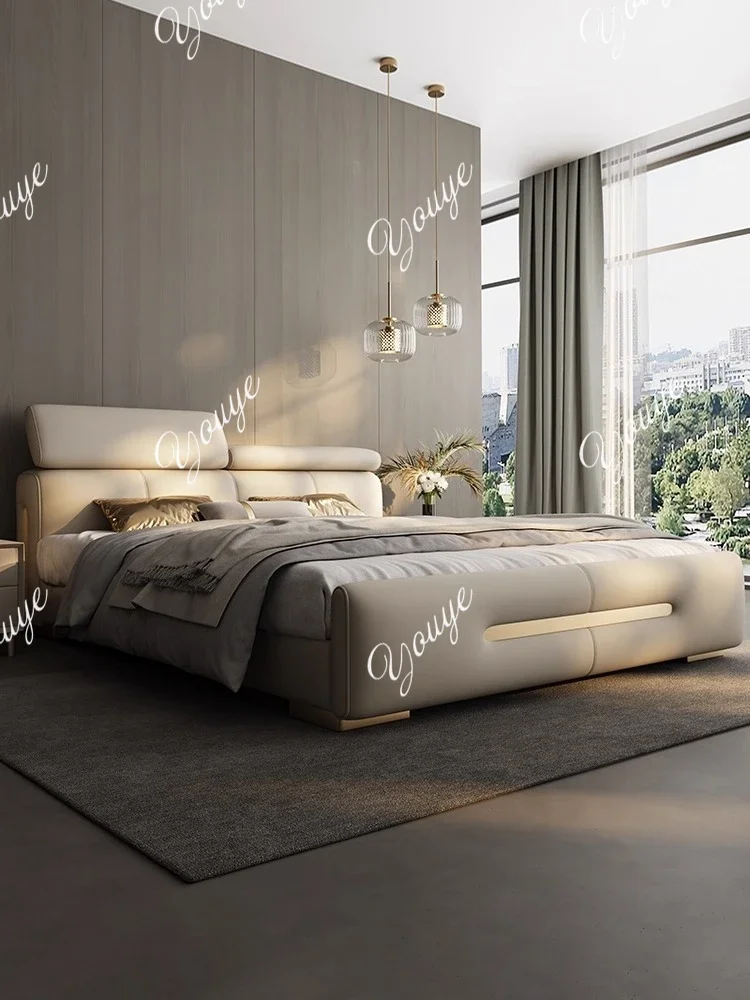 

J W Modern Light Luxury High-end Floor-to-ceiling Low Bedside Leather Bed Master Bedroom Simple Wedding Bed Multi-function