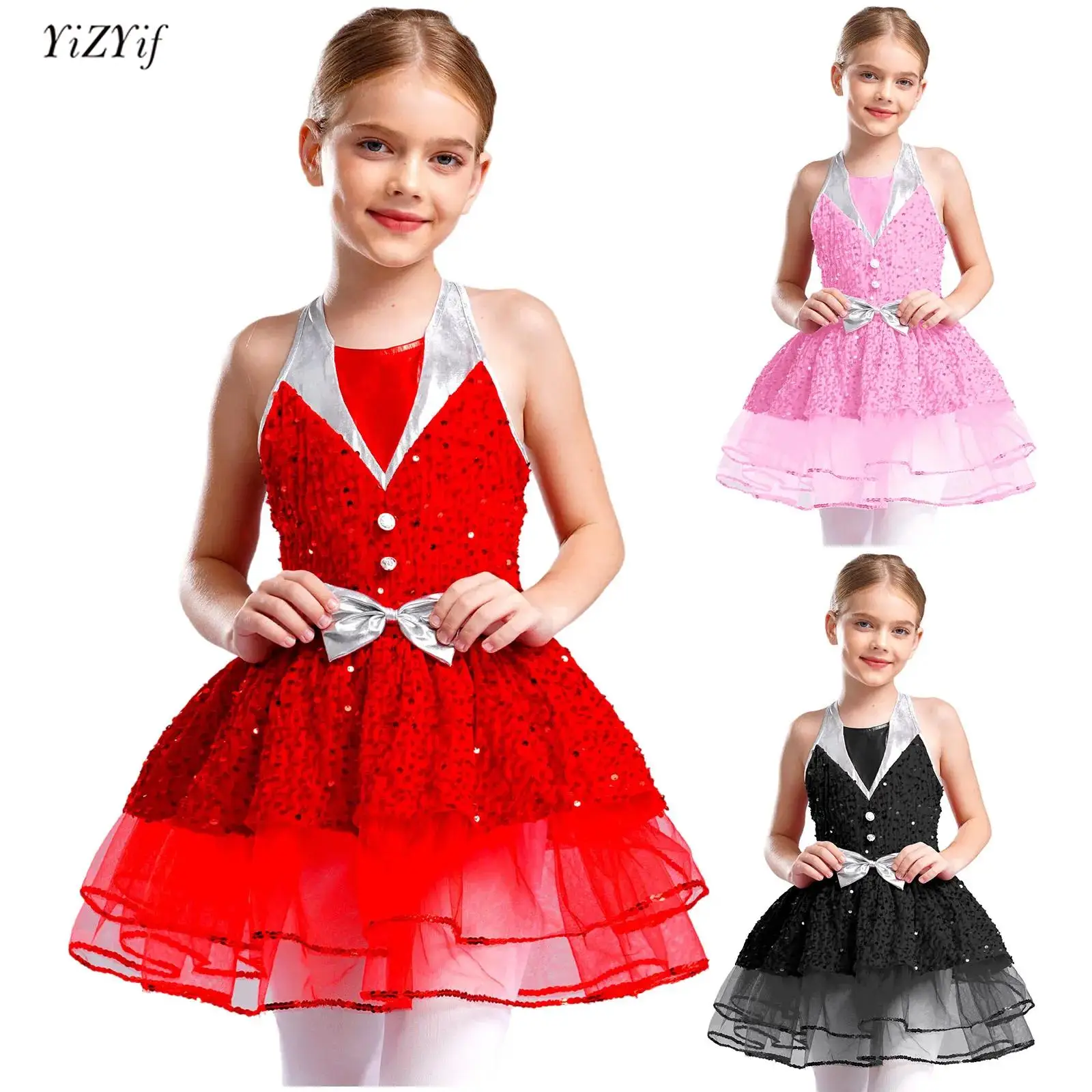 

Kids Girls Christmas Tutu Dress Sleeveless Halter Backless Sequins Tutu Skirt Ballet Dance Dress Xmas Party Performance Costume