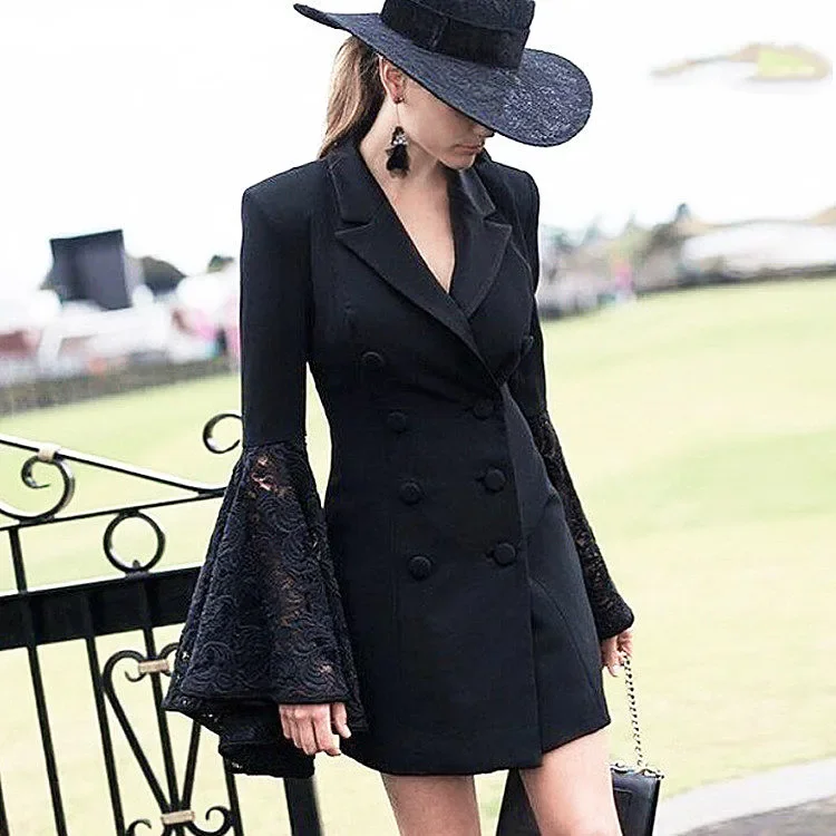 Elegante giacca da abito Slim-Fit nera professionale moda donna Casual piccolo cappotto manica a campana giacca attillata di media lunghezza