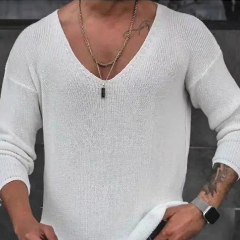 U-shaped Large Neckline Knitted Sweater Men's Slack Long-sleeved Sunscreen Blouse Pull-neck Mesh Thread Shirt T-shirt