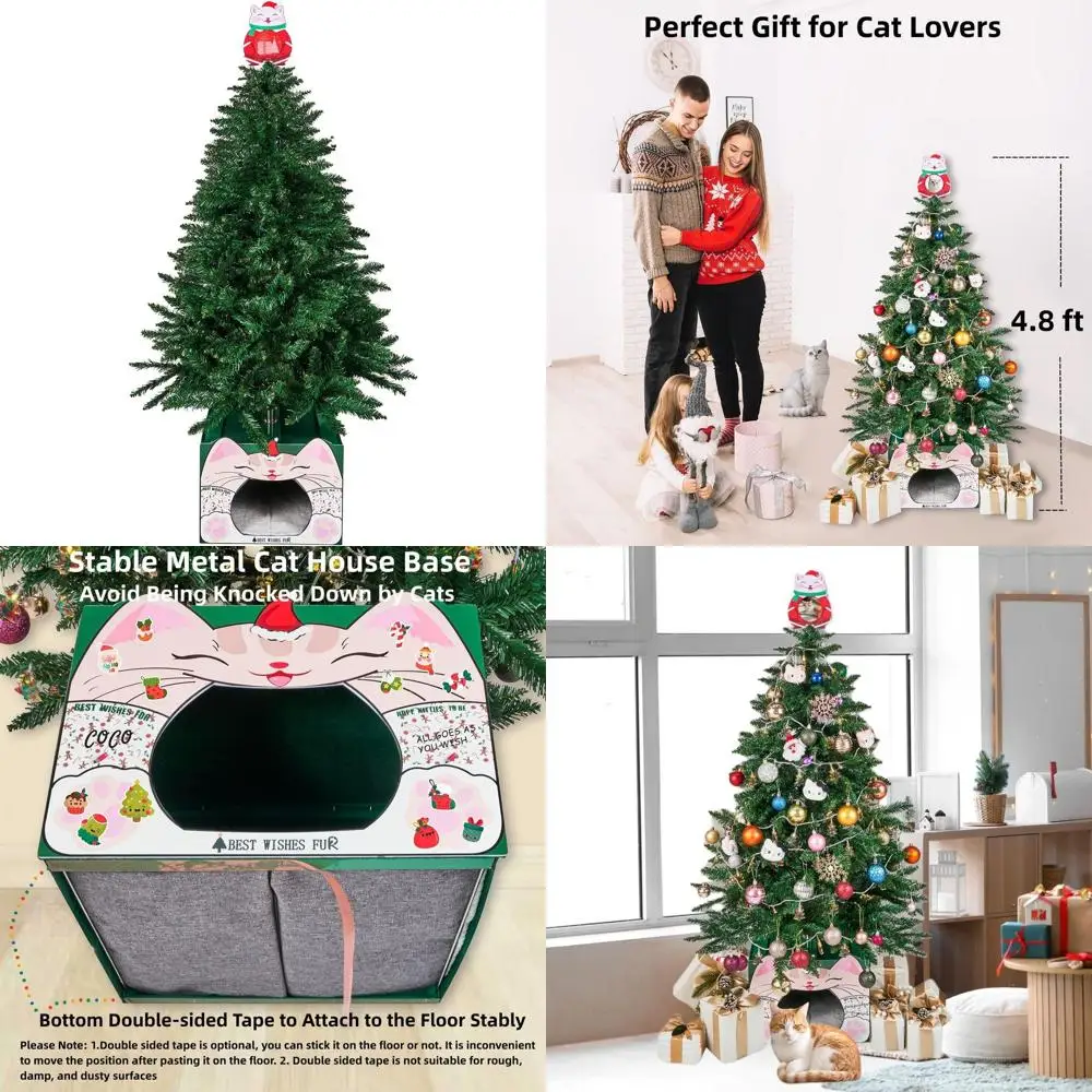 

Новогодняя елка из ПВХ, 1,46 м, без подсветки, с основанием в виде мультяшного домика и верхушкой, идеальный подарок для любителей кошек