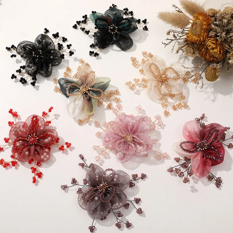 Handmade Organza Crystal Flower Hair Clip for Clogs Ethereal Vintage Style DIY Embellishment for Beaded Shoe Buckle High Quality