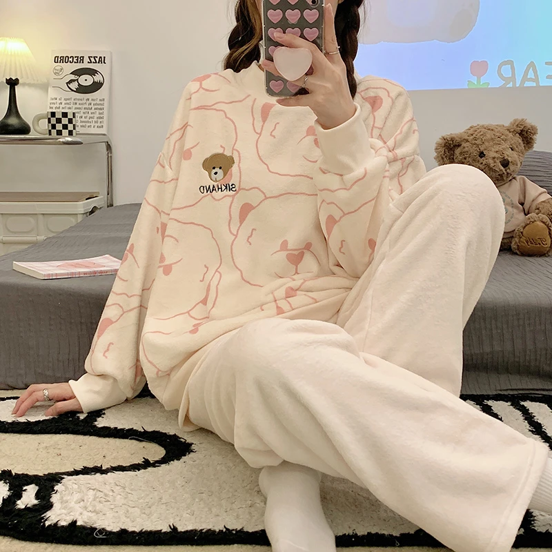 Fleece Thick Warm Women\'s Pajamas Winter Animal Prints Cute Sweet Pajamas Women Set Round Neck Pullover Flannel Warm Sleepwear