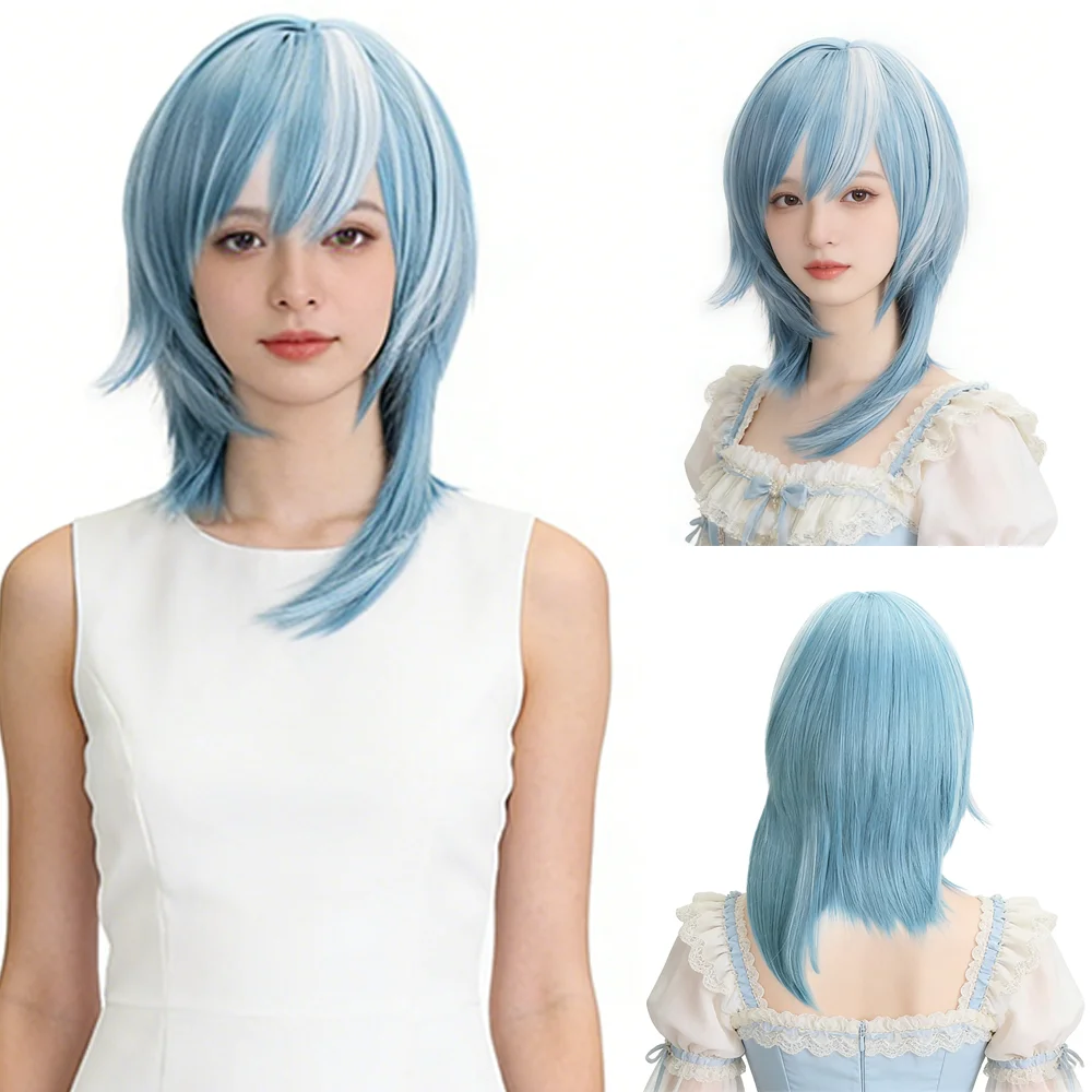 Eula Cosplay Wig Unisex Blue White Highlights Medium Long Wolf Tail Heat Resistant Synthetic Hair For Anime Halloween Party