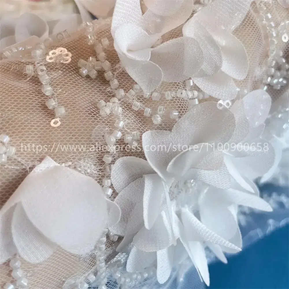 3D Beaded Embroidery Lace Fabric, Laser Chiffon Flowers Applique, Sewing Fabric for Wedding Dresses, Off White, High Quality