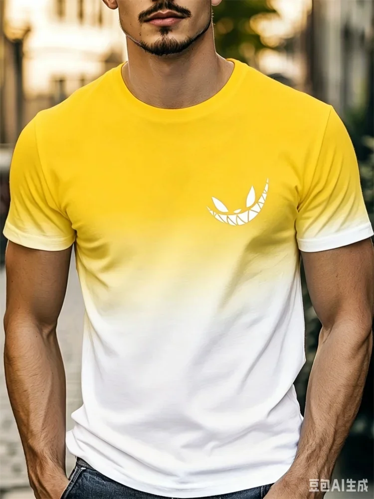2026 Neues Herren-T-Shirt mit Lächelndem Monster-Farbverlauf-Print, Sommer-Rundhals-Kurzarm-Shirt, Minimalistisches Casual Streetwear Oberteil
