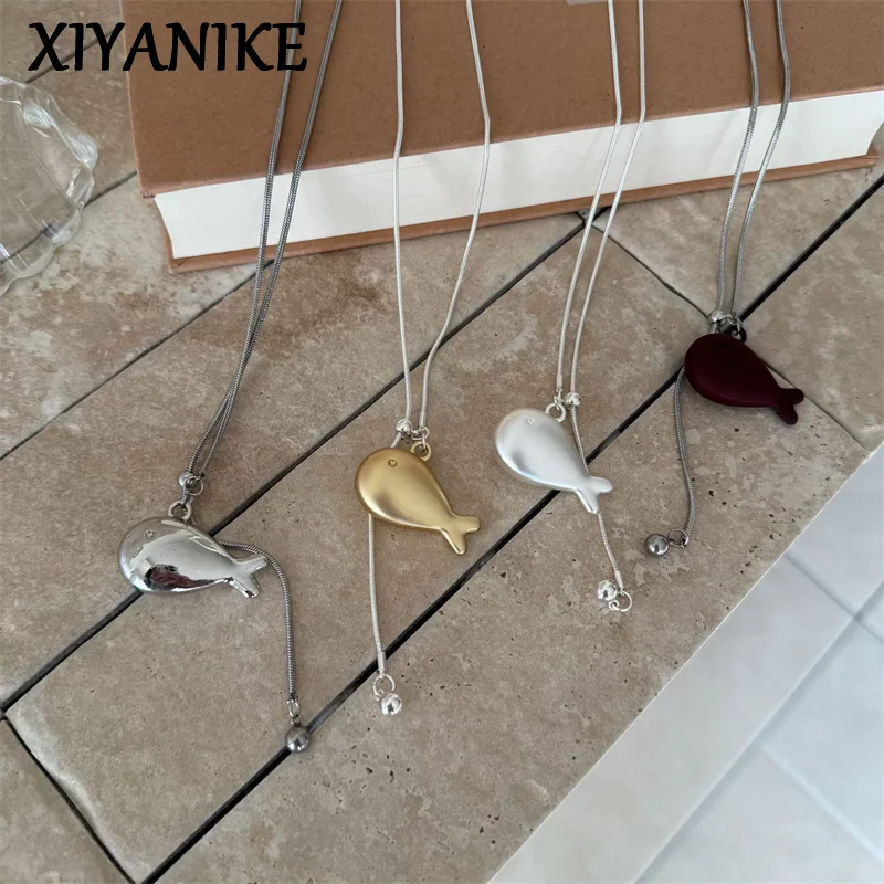 XIYANIKE Cute Golden Fish Braided Rope Adjustable Necklaces For Women Niche Fashion New Sweater Jewelry Accessory Gift Party